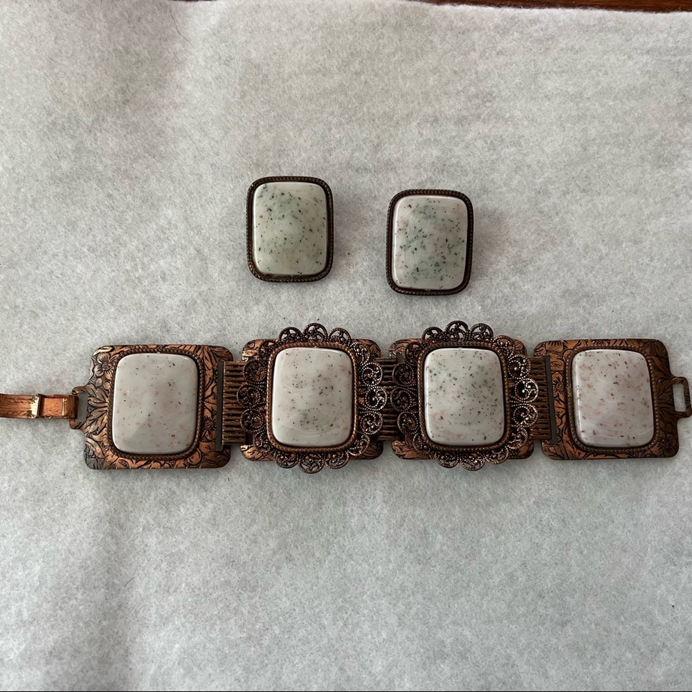 Vintage Copper Tone and White Stone Bracelet with Matching Clip on Earrings Boho